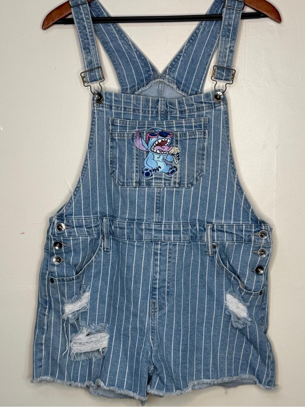 Striped Light Blue Denim Kids Overalls Shorts with Character Patch